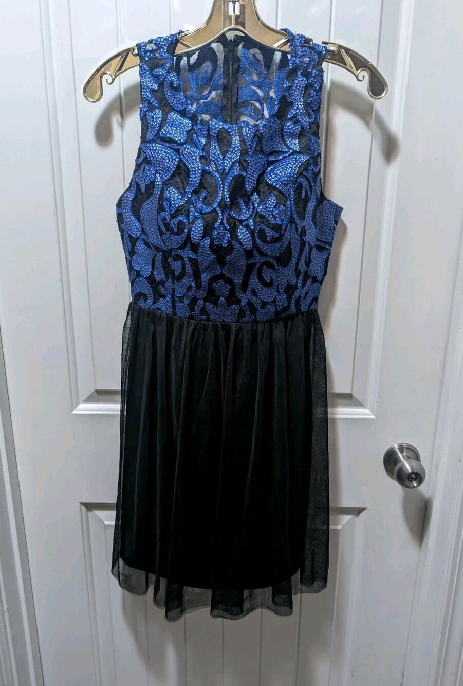 Minuet Blue Sequin Black Lace Formal Sleeveless Mini Dress Size S Prom Hoco